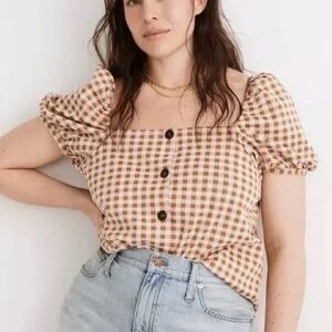 Madewell Gingham Jacquard Square Neck Top Cedar Tan Cream Size Medium
